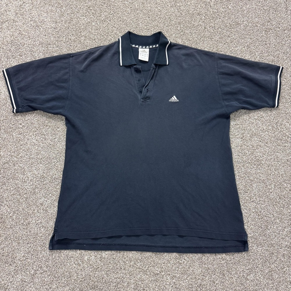 Y2K Adidas Polo Shirt Mens XL Blue Solid Knit Short Sleeve Logo Casual Collared